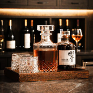 Crystal whiskey and beer glasses set for home bar and drinking atmosphere