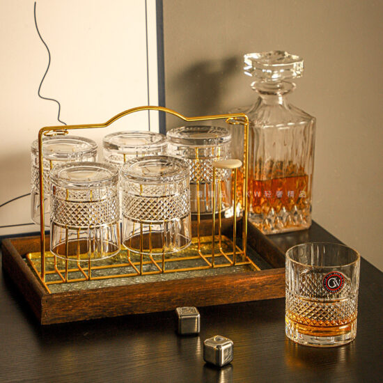 Crystal whiskey and beer glasses set for home bar and drinking atmosphere