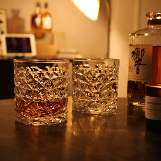 Crystal whiskey and beer glasses set for home bar and drinking atmosphere
