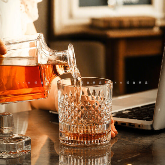 Crystal whiskey and beer glasses set for home bar and drinking atmosphere