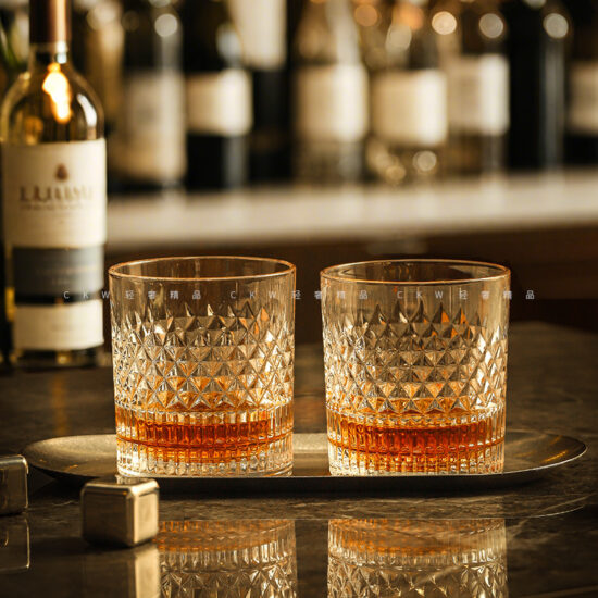 Crystal whiskey and beer glasses set for home bar and drinking atmosphere