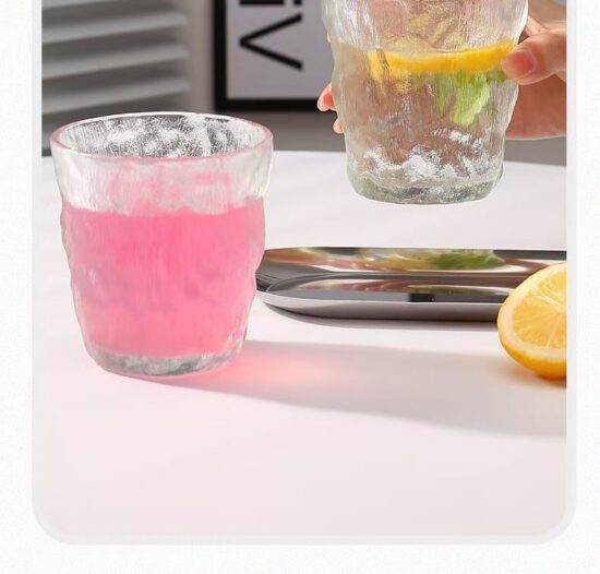 Japanese glacier-style glass cup for water, juice, beer, coffee, and tea