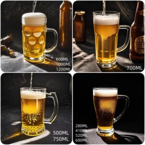 Alt Text: 1L and 750ml large beer glasses with handle and custom logo